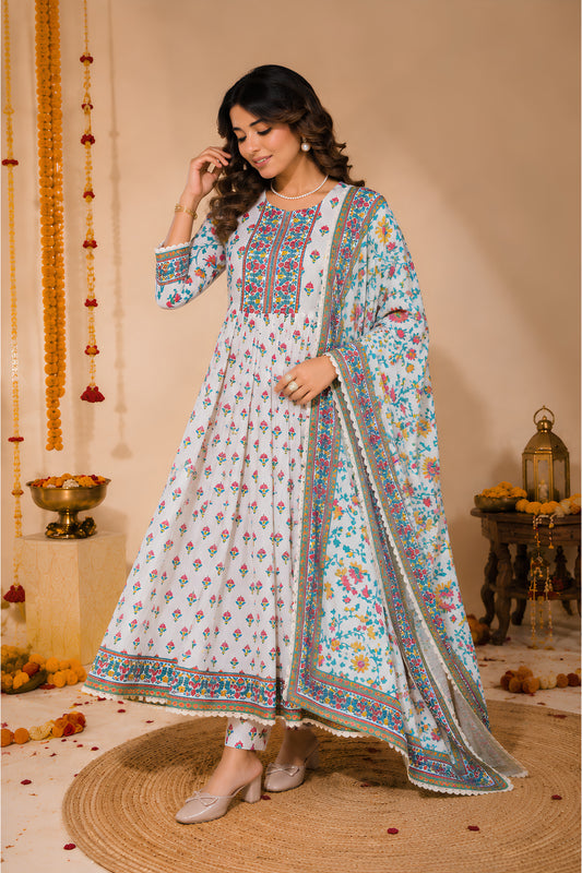 Ivory Floral Block Print Anarkali Set