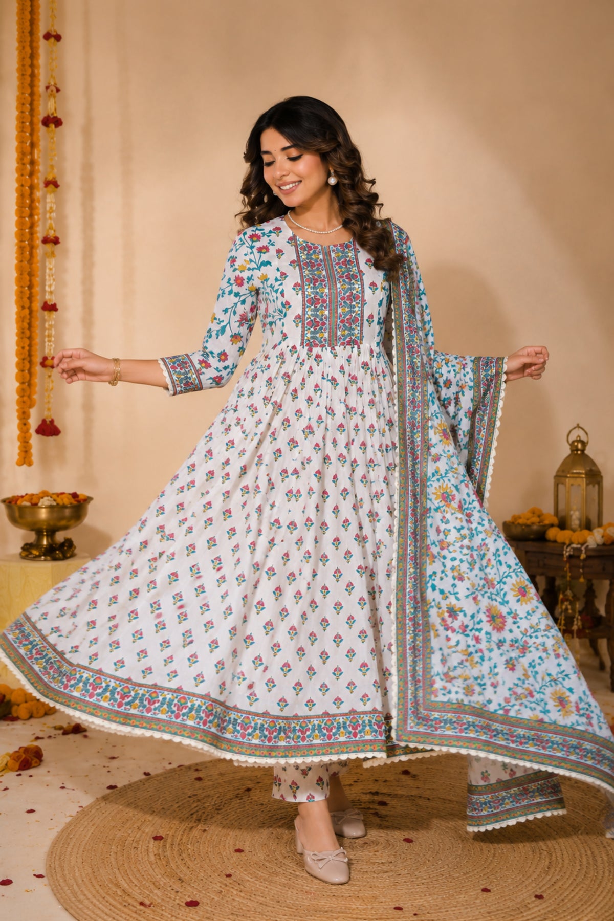 Ivory Floral Block Print Anarkali Set