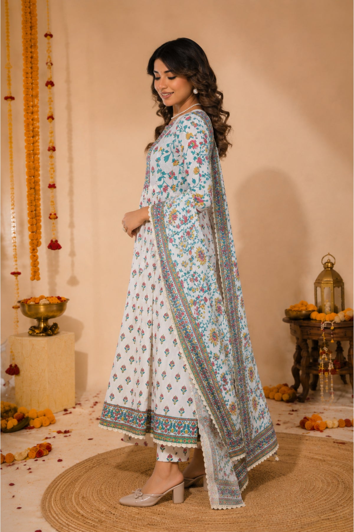 Ivory Floral Block Print Anarkali Set