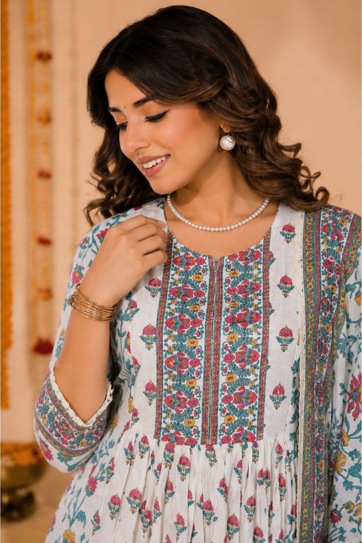Ivory Floral Block Print Anarkali Set