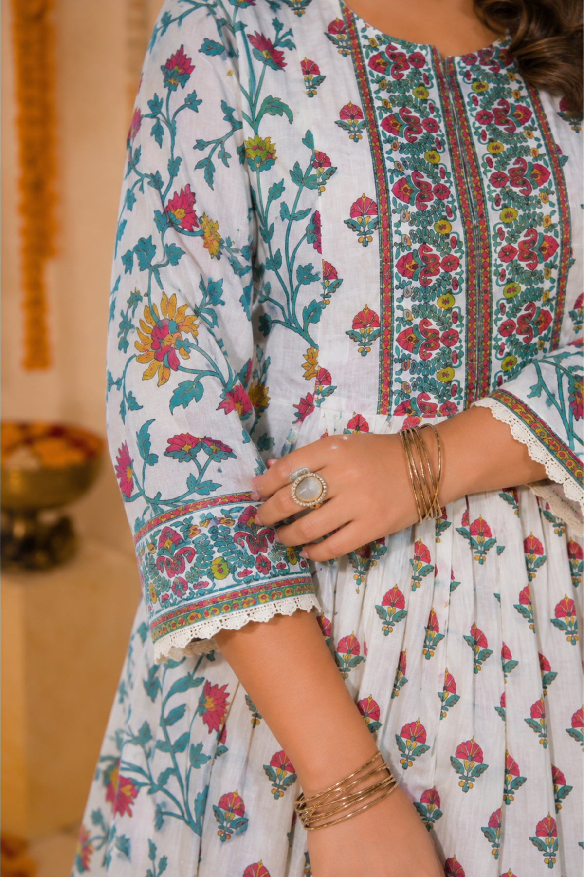 Ivory Floral Block Print Anarkali Set