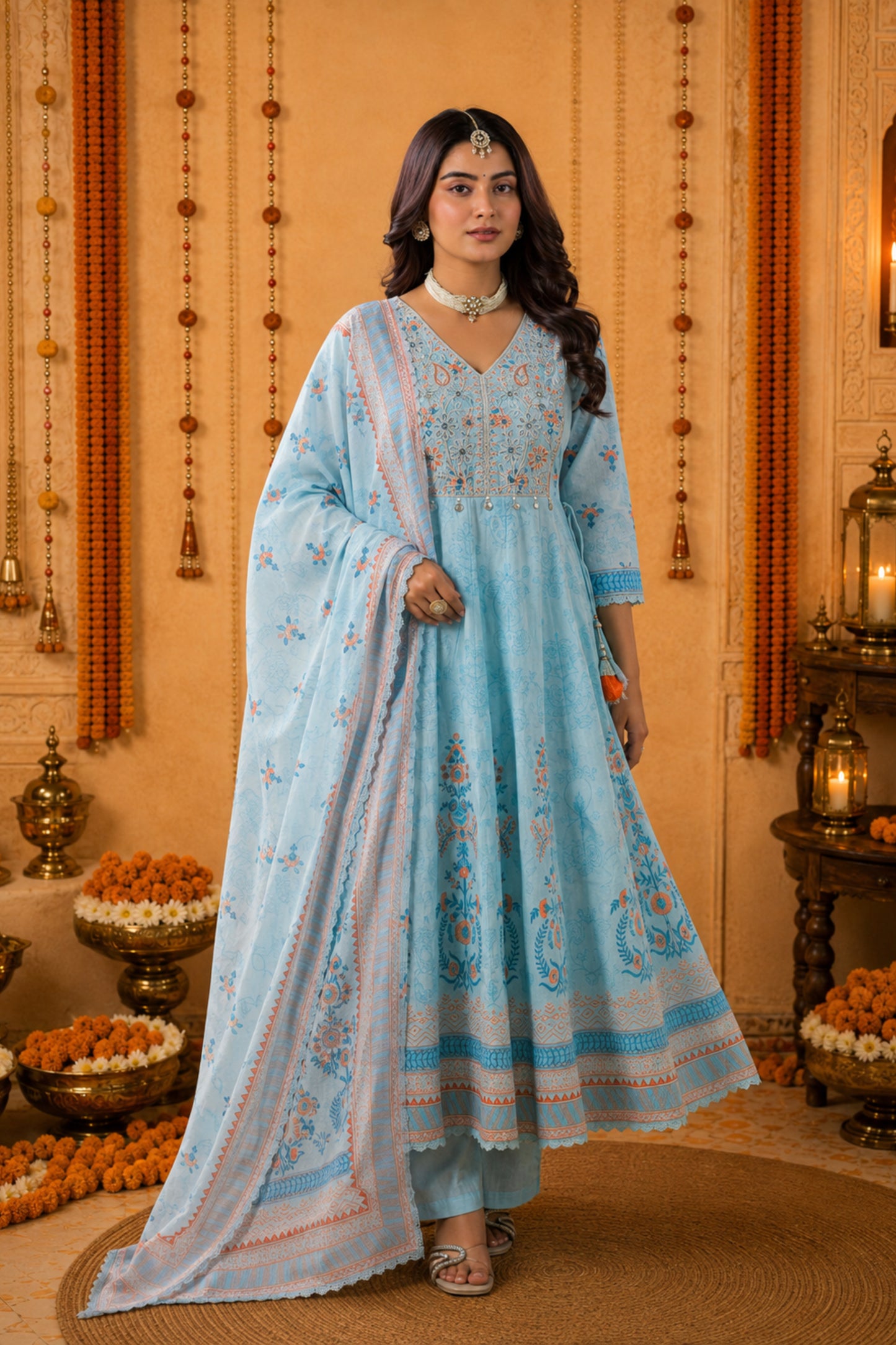 Noorani Sky Blue Embroidered Anarkali
