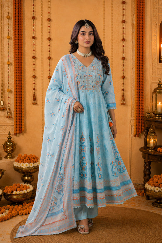 Noorani Sky Blue Embroidered Anarkali