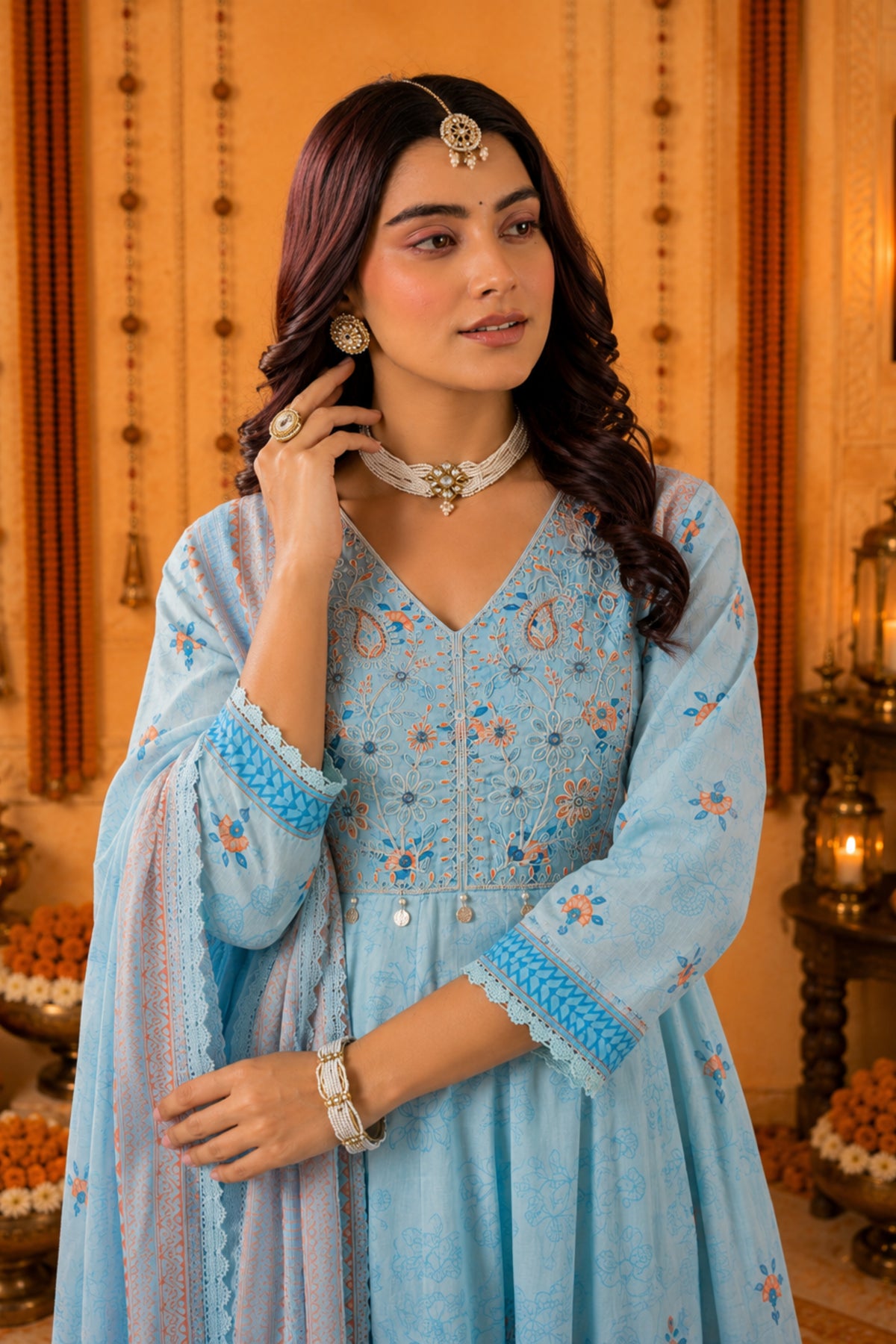 Noorani Sky Blue Embroidered Anarkali