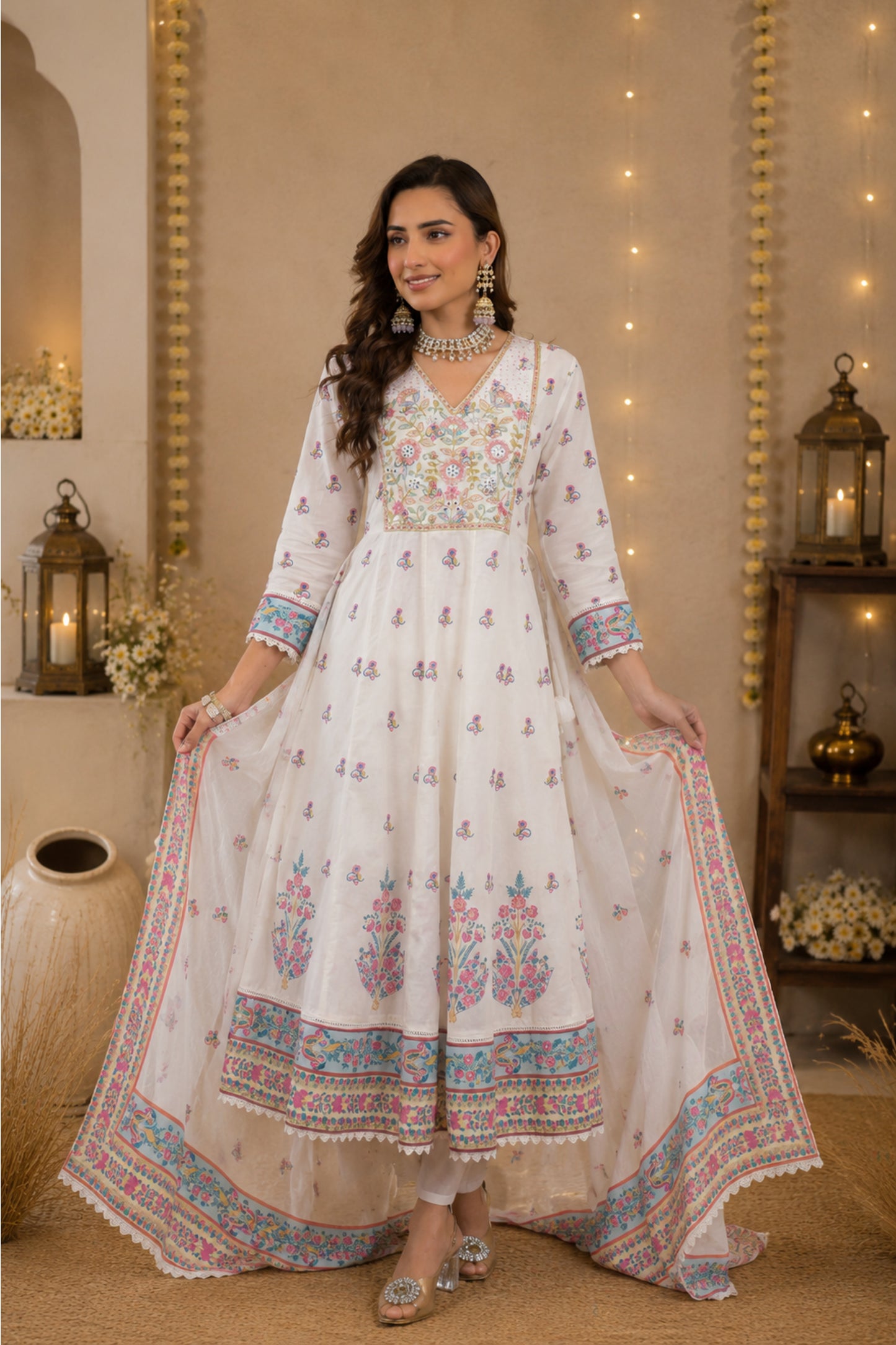 Ivory Mirror-Work Anarkali Set