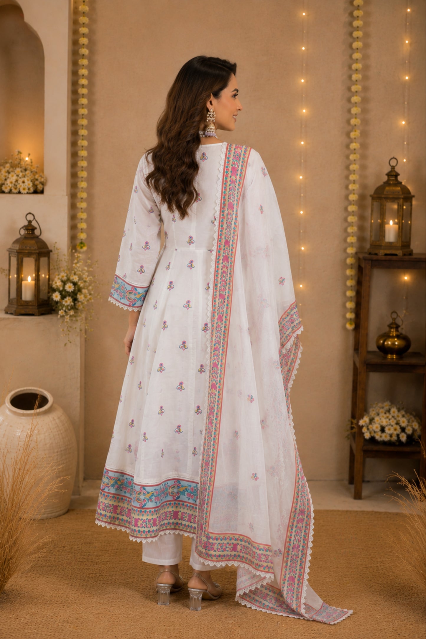 Ivory Mirror-Work Anarkali Set