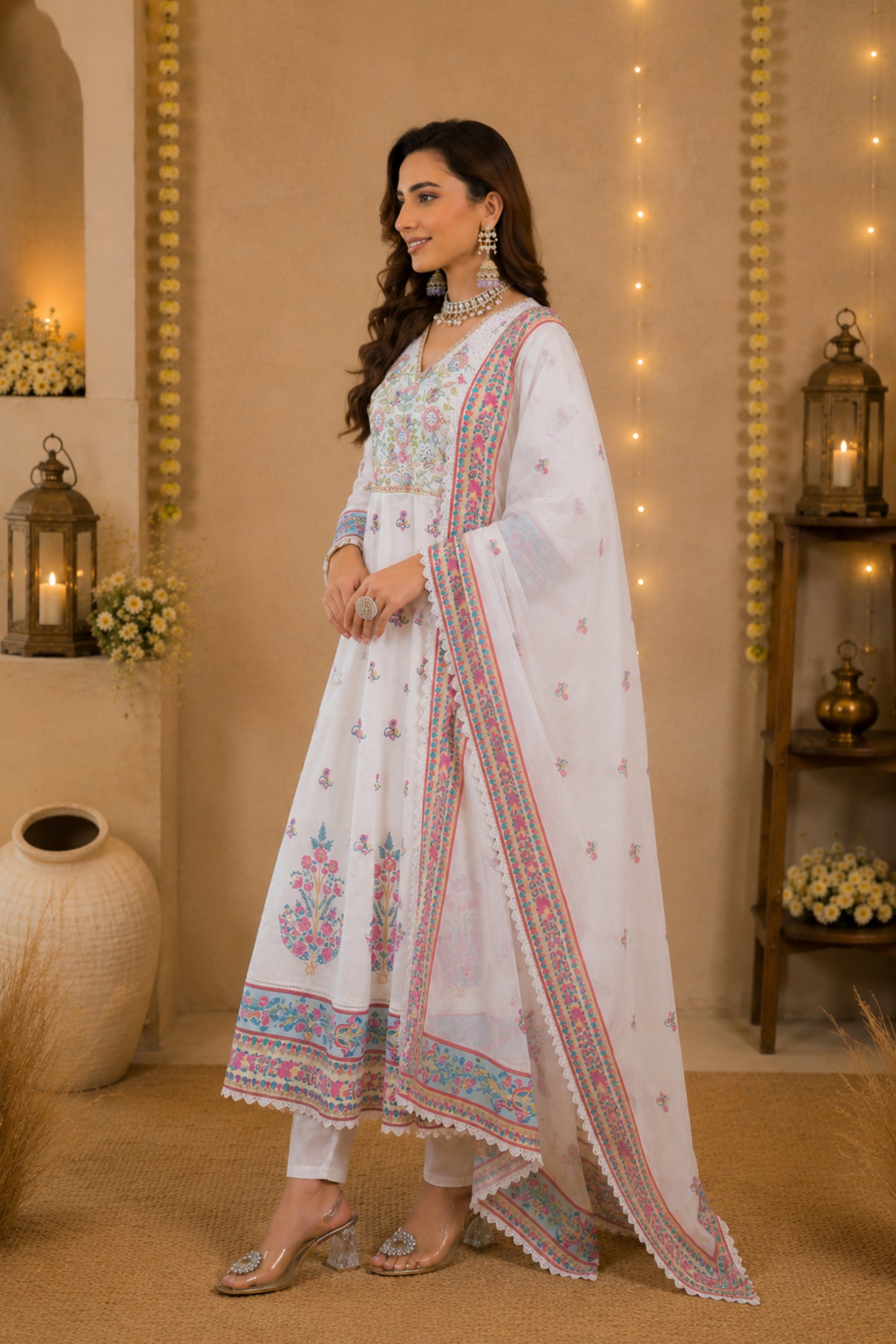 Ivory Mirror-Work Anarkali Set